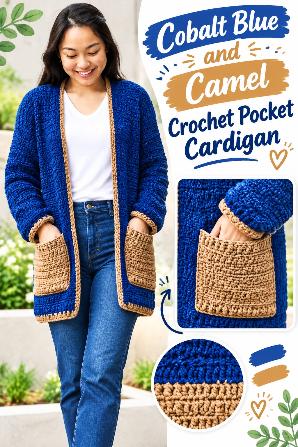 2. Cobalt Blue And Camel Crochet Pocket Cardigan