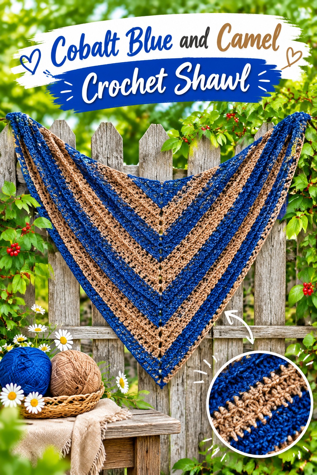 12. Cobalt Blue And Camel Crochet Shawl