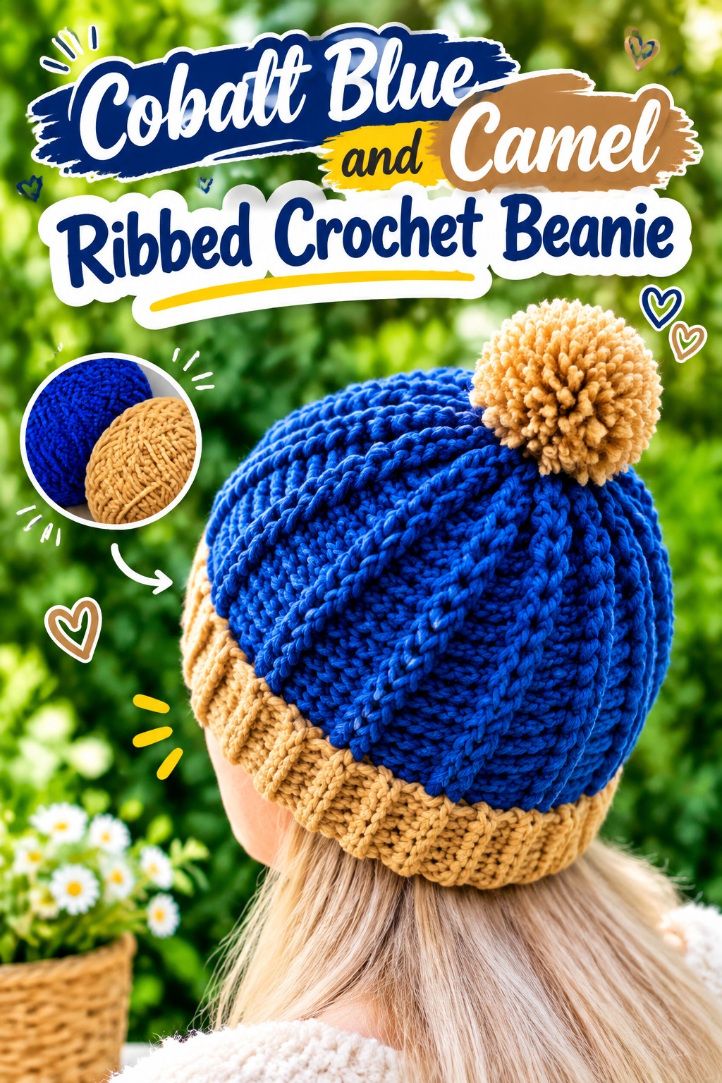 6. Cobalt Blue And Camel Ribbed Crochet Beanie