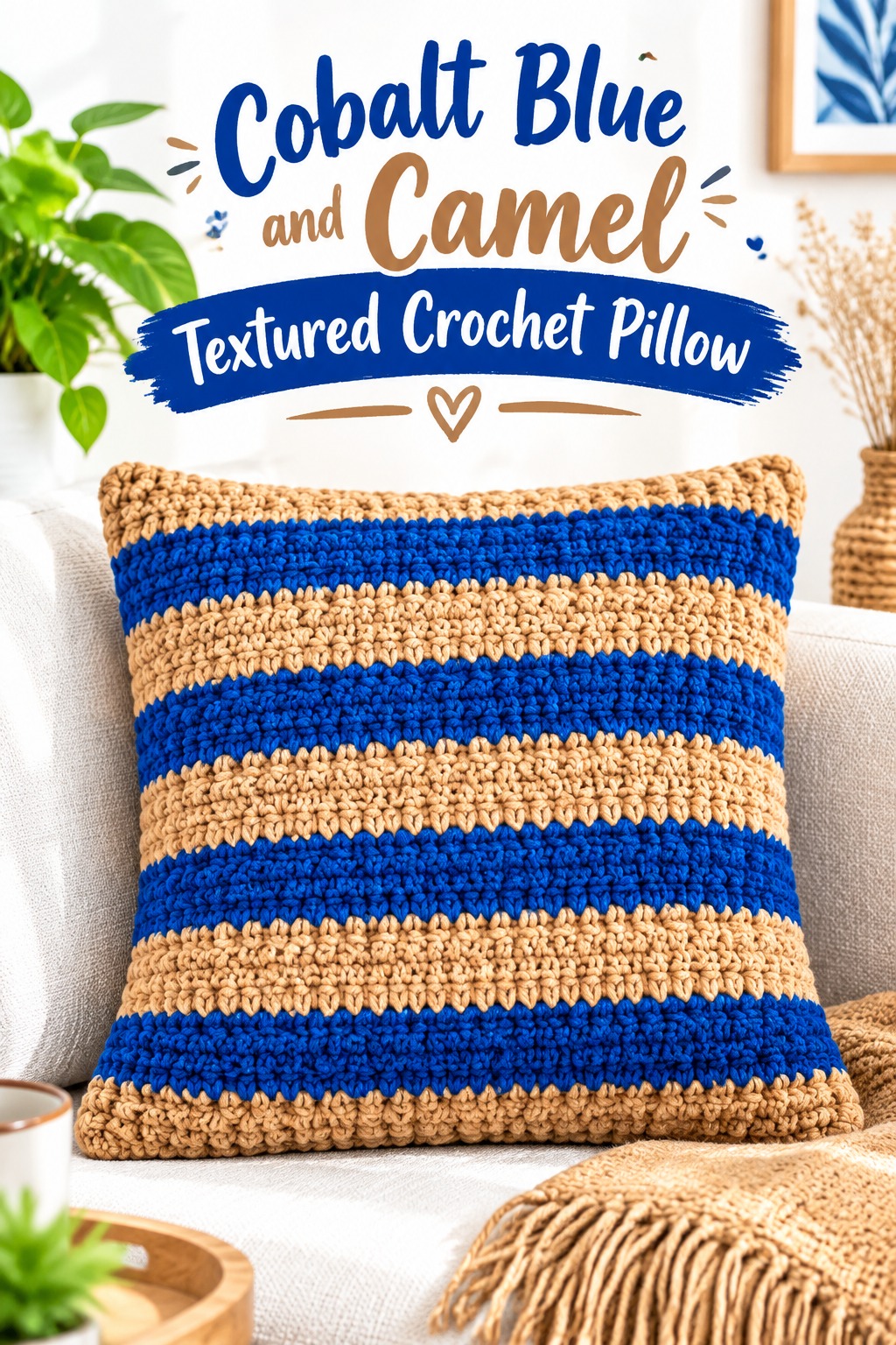 4. Cobalt Blue And Camel Textured Crochet Pillow