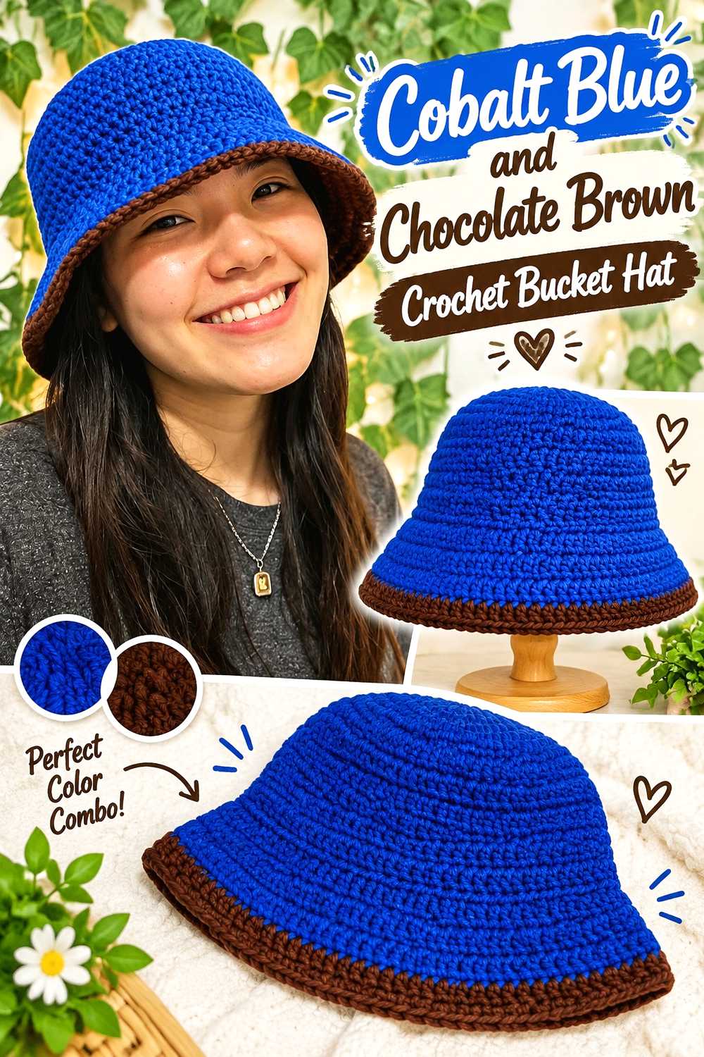 9. Cobalt Blue And Chocolate Brown Crochet Bucket Hat