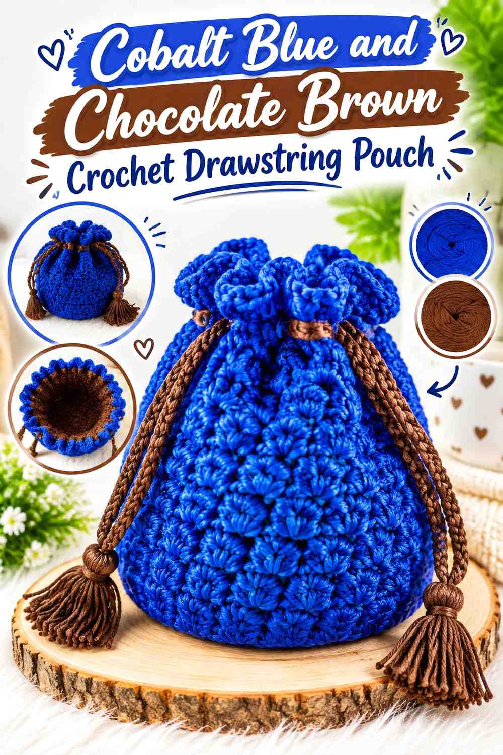 17. Cobalt Blue And Chocolate Brown Crochet Drawstring Pouch