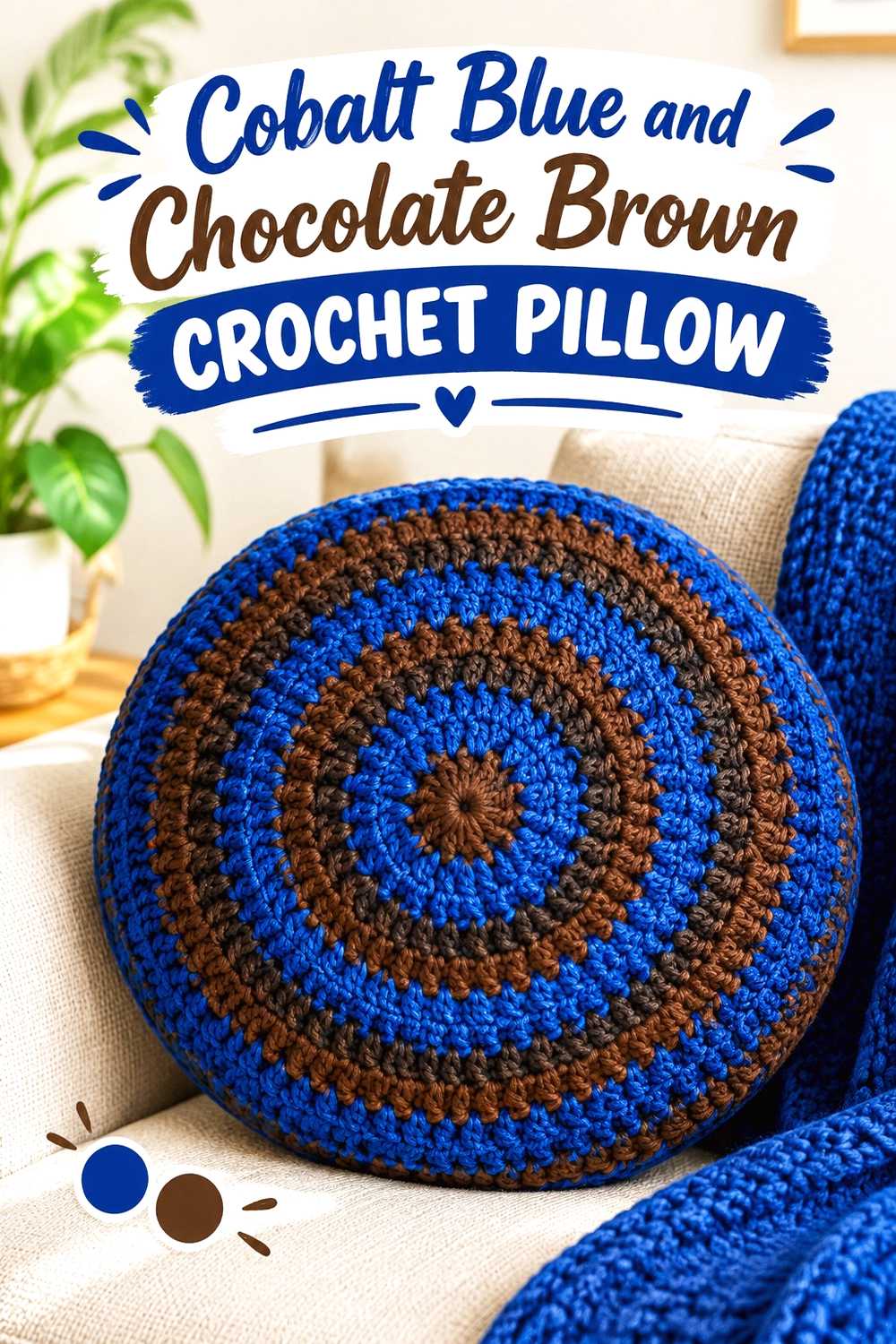 1. Cobalt Blue And Chocolate Brown Crochet Pillow