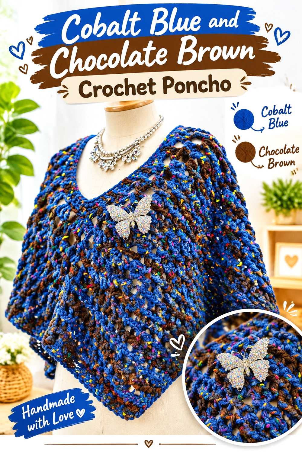 17. Cobalt Blue And Chocolate Brown Crochet Poncho