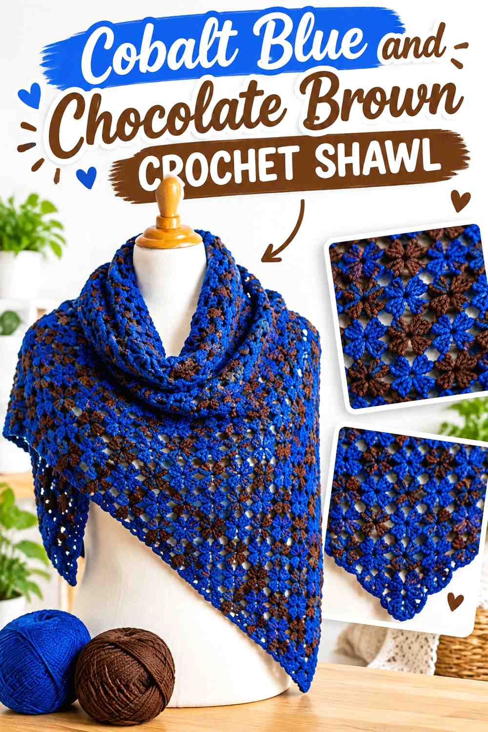 7. Cobalt Blue And Chocolate Brown Crochet Shawl