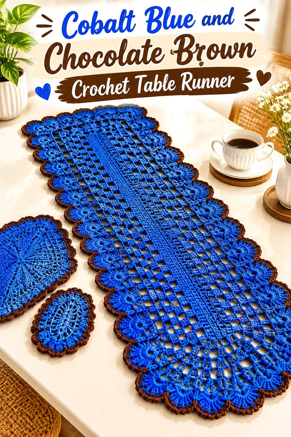15. Cobalt Blue And Chocolate Brown Crochet Table Runner