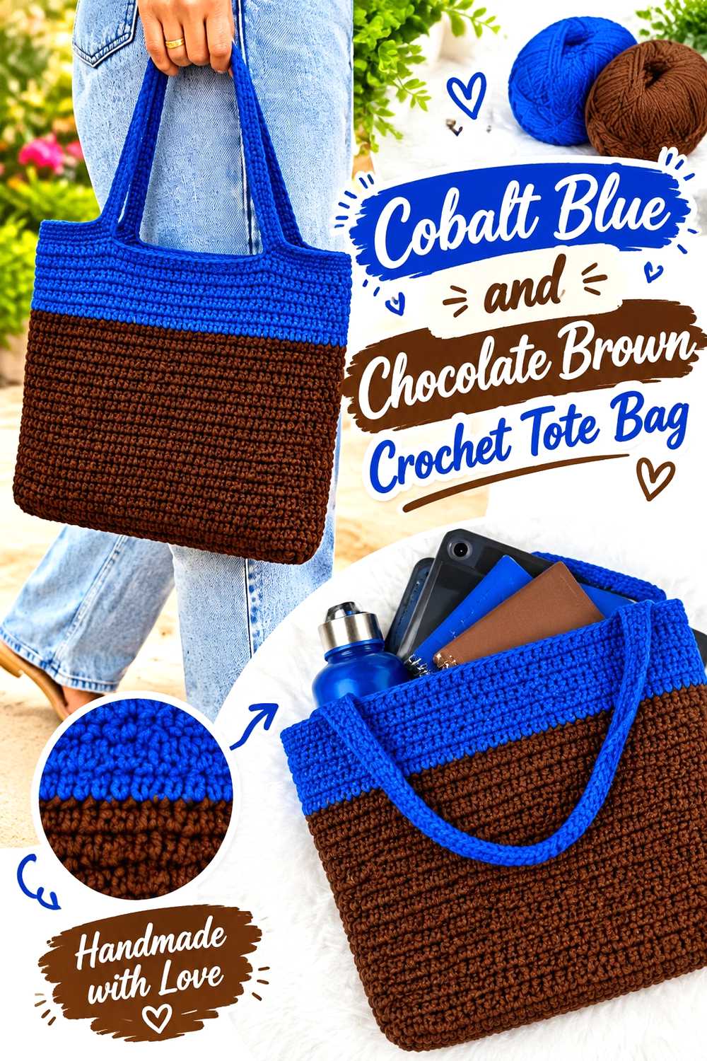 3. Cobalt Blue And Chocolate Brown Crochet Tote Bag