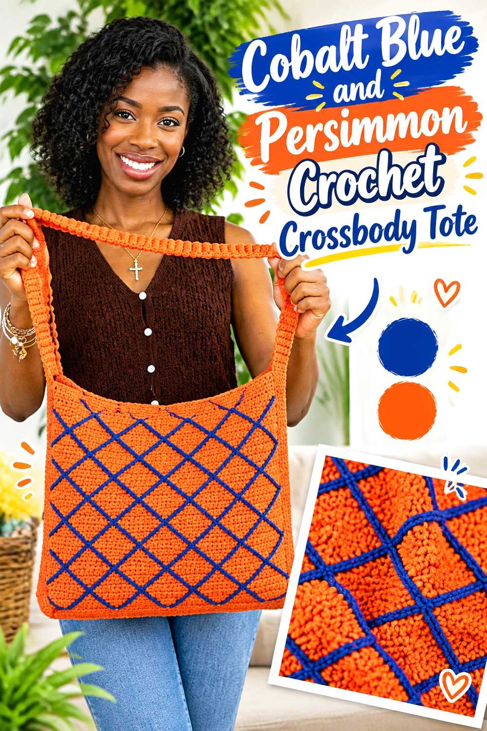 13. Cobalt Blue And Persimmon Crochet Crossbody Tote