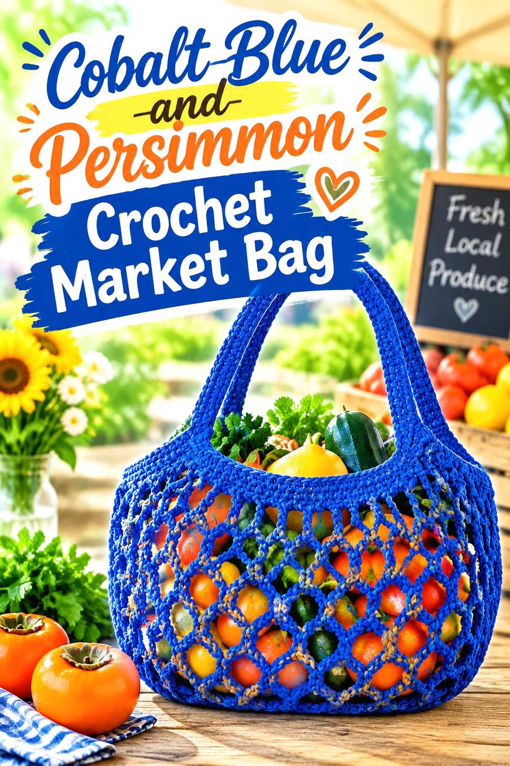 9. Cobalt Blue And Persimmon Crochet Market Bag