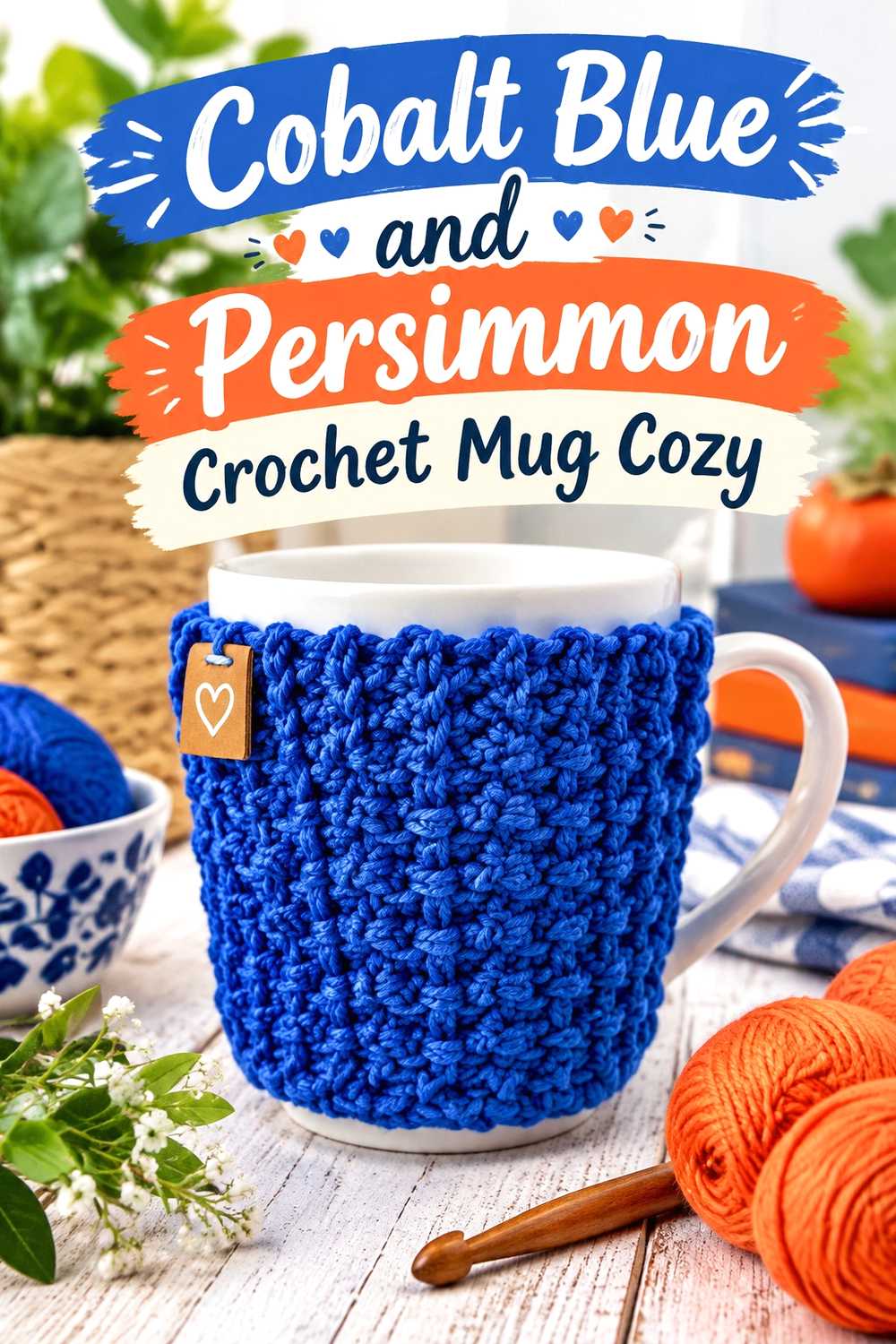 15. Cobalt Blue And Persimmon Crochet Mug Cozy