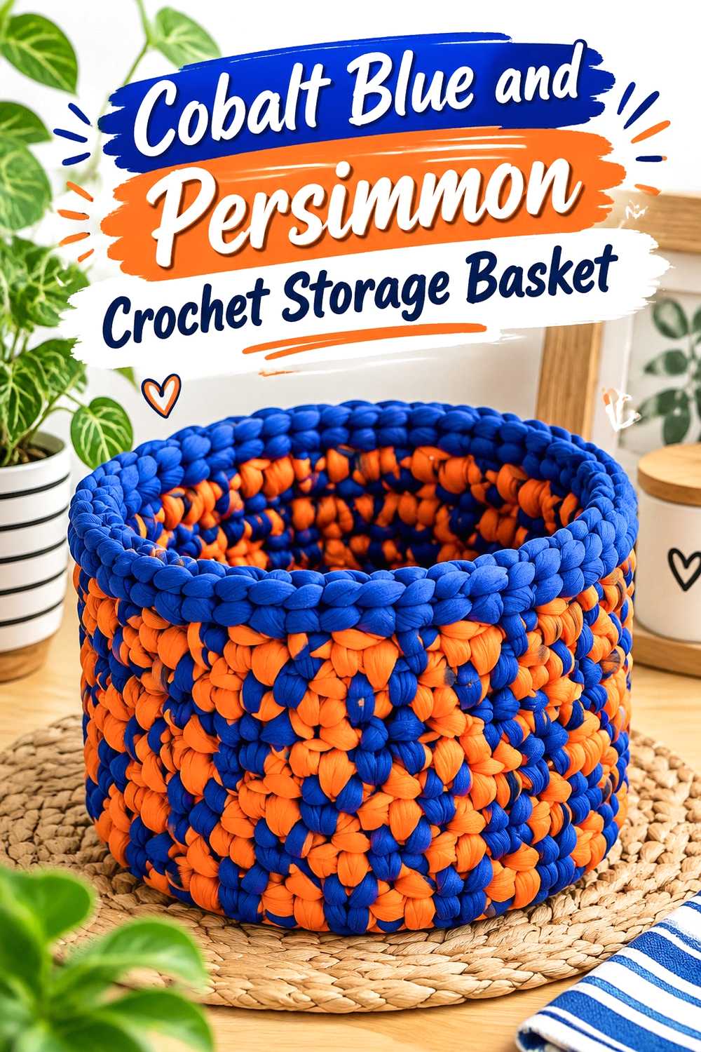 11. Cobalt Blue And Persimmon Crochet Storage Basket