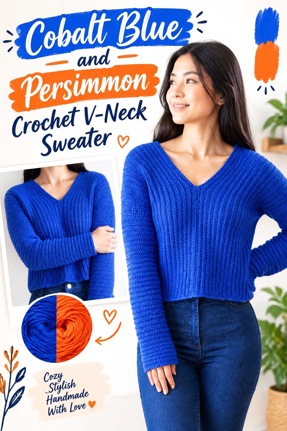 7. Cobalt Blue And Persimmon Crochet V Neck Sweater