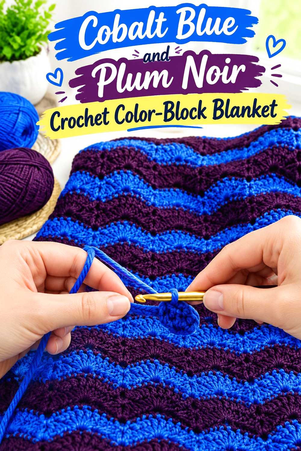 15. Cobalt Blue And Plum Noir Crochet Color Block Blanket