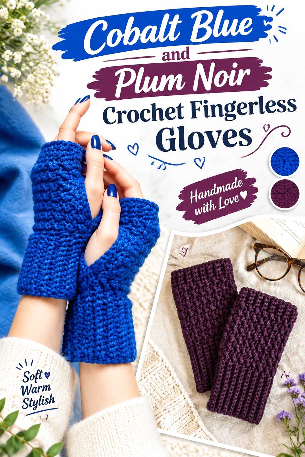 13. Cobalt Blue And Plum Noir Crochet Fingerless Gloves