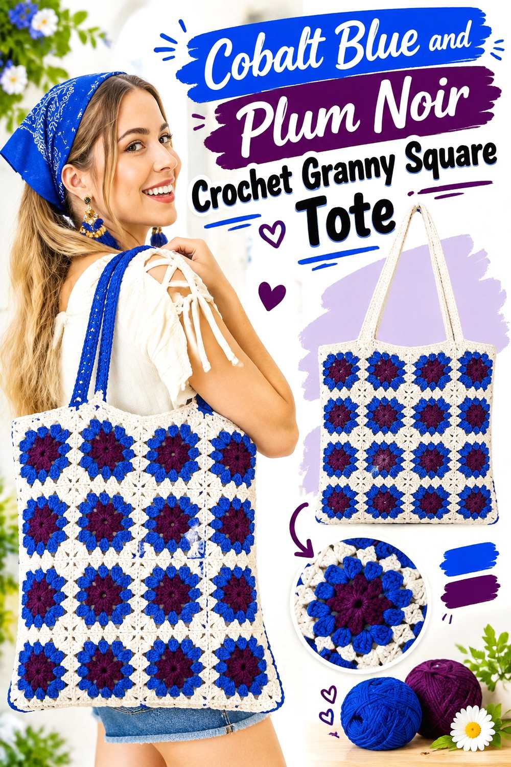 17. Cobalt Blue And Plum Noir Crochet Granny Square Tote