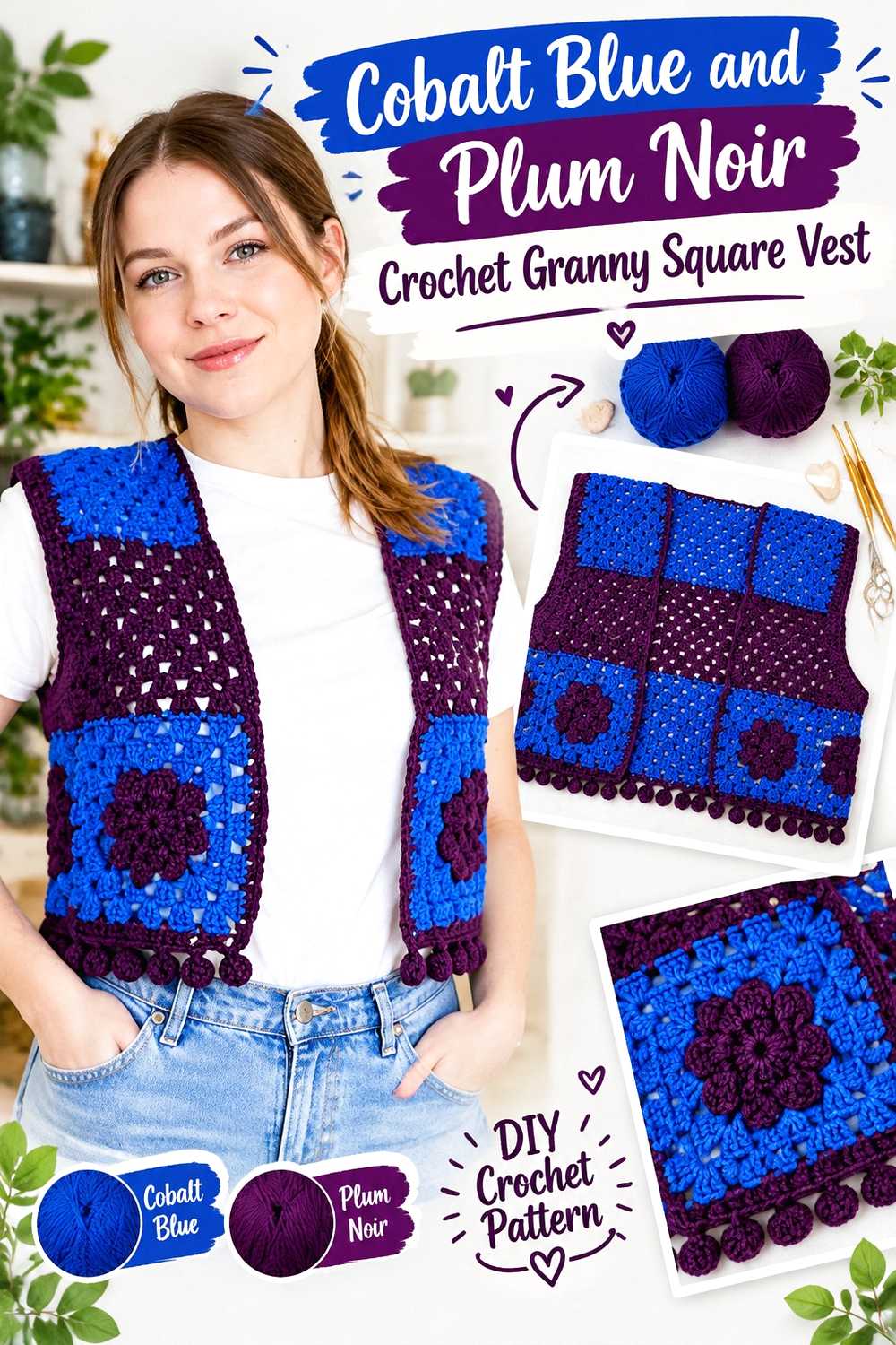 3. Cobalt Blue And Plum Noir Crochet Granny Square Vest