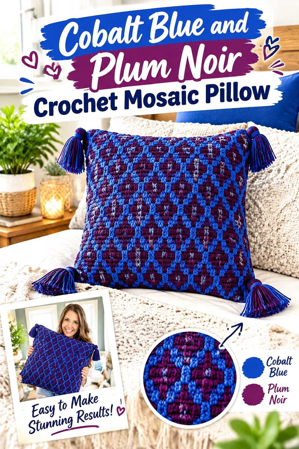 19. Cobalt Blue And Plum Noir Crochet Mosaic Pillow