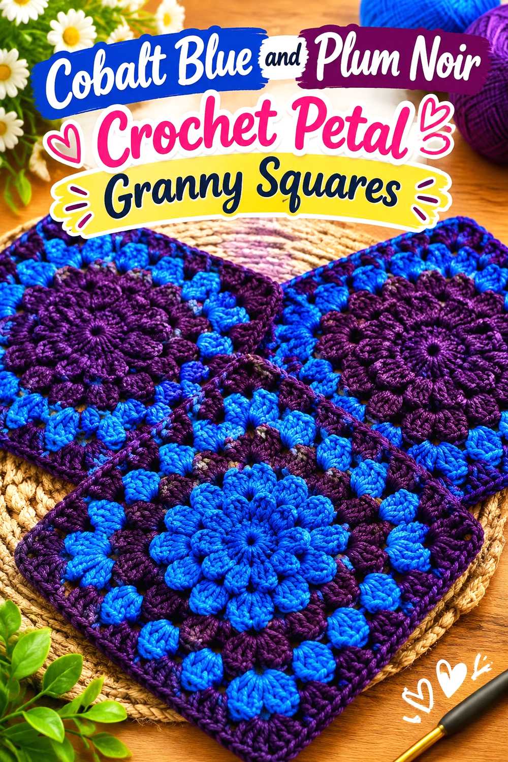 9. Cobalt Blue And Plum Noir Crochet Petal Granny Squares
