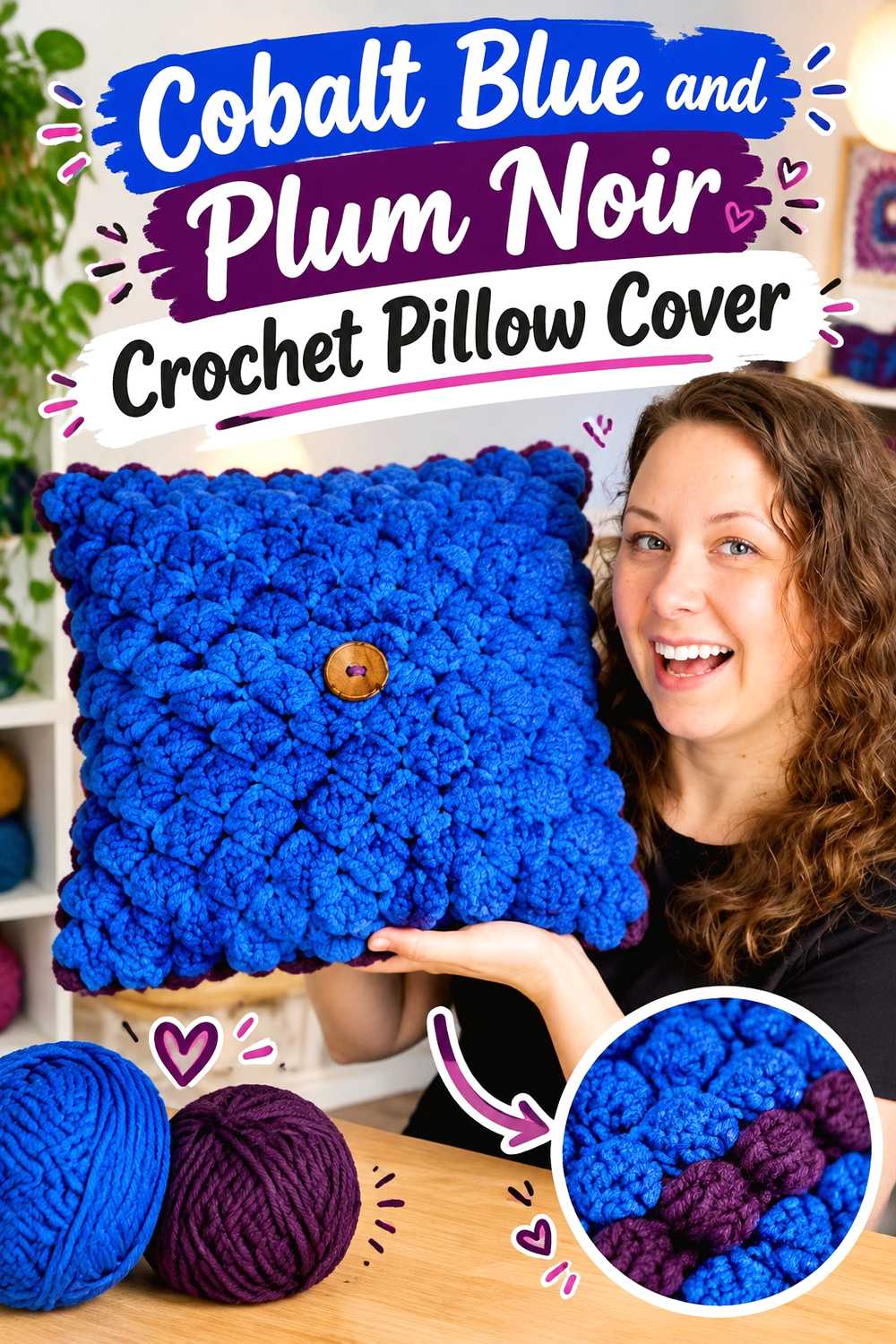 11. Cobalt Blue And Plum Noir Crochet Pillow Cover