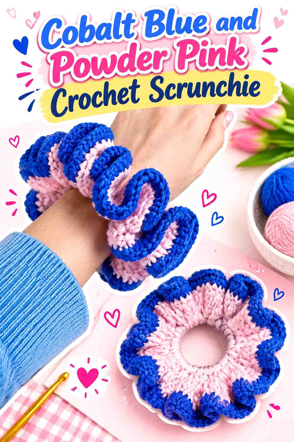 7. Cobalt Blue And Powder Pink Crochet Scrunchie