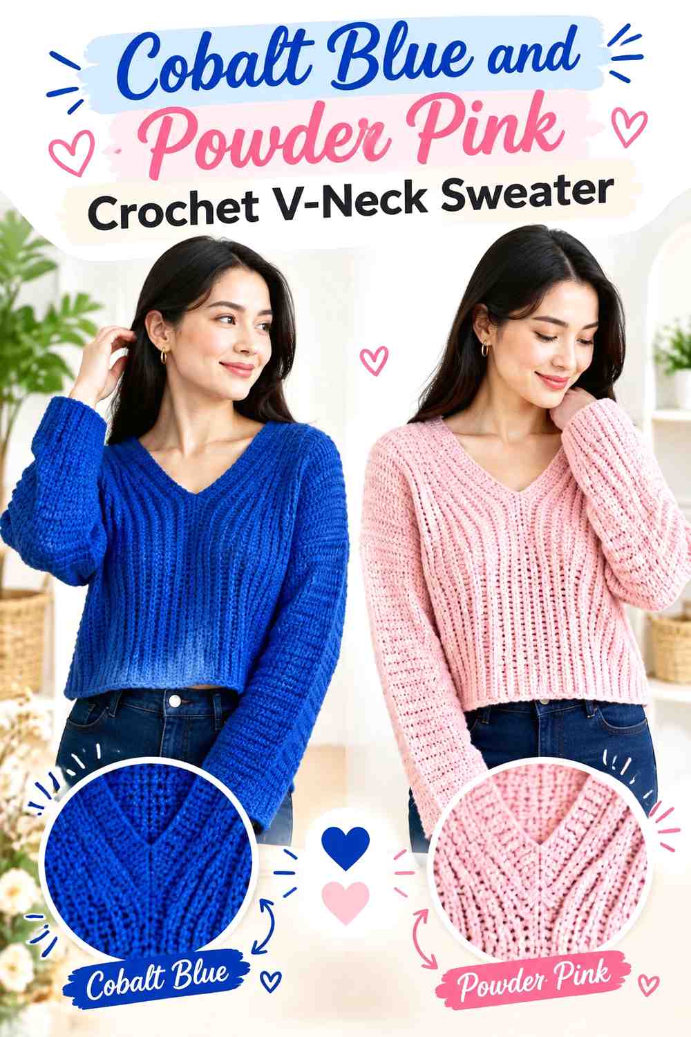11. Cobalt Blue And Powder Pink Crochet V Neck Sweater