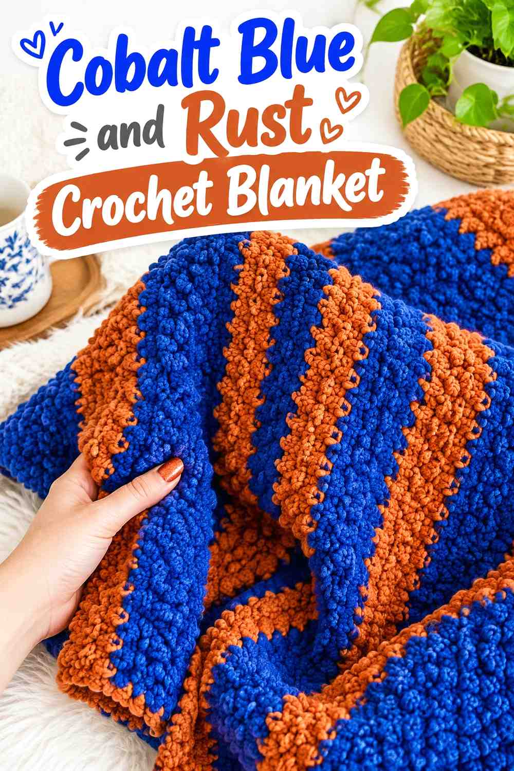 1. Cobalt Blue And Rust Crochet Blanket