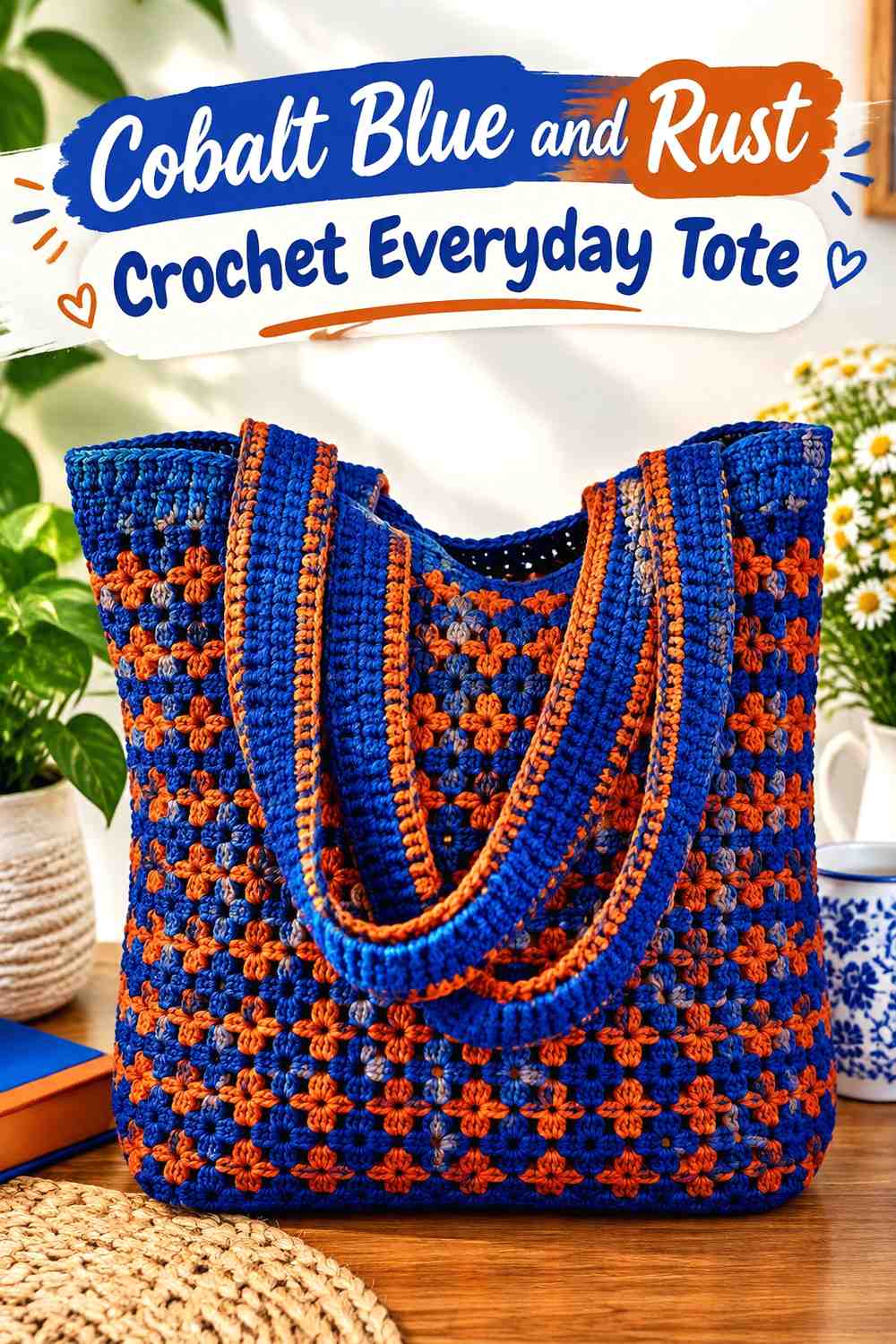 13. Cobalt Blue And Rust Crochet Everyday Tote