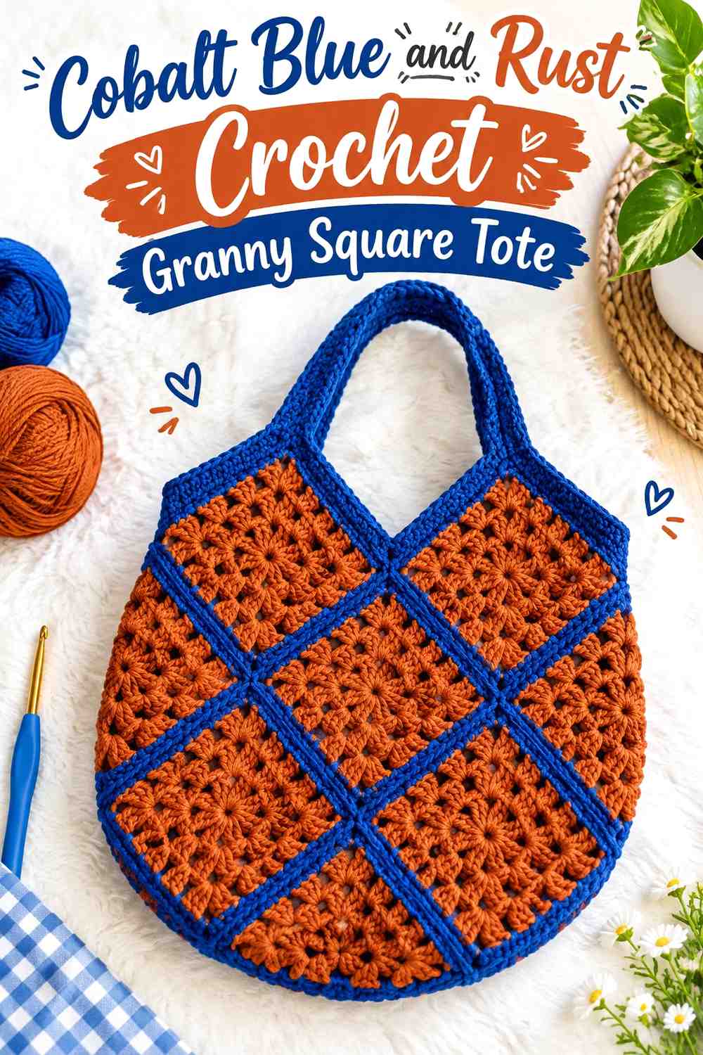 3. Cobalt Blue And Rust Crochet Granny Square Tote