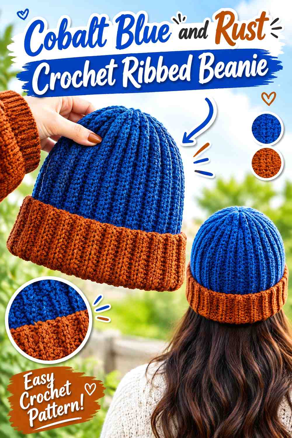 5. Cobalt Blue And Rust Crochet Ribbed Beanie