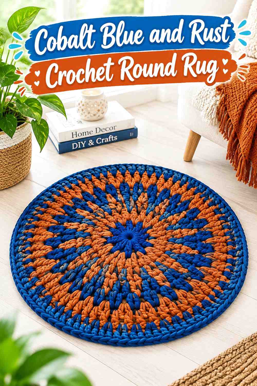 17. Cobalt Blue And Rust Crochet Round Rug