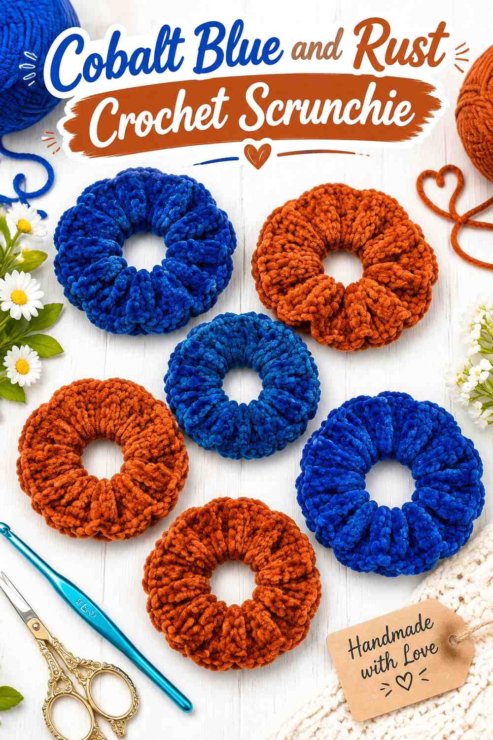 11. Cobalt Blue And Rust Crochet Scrunchie