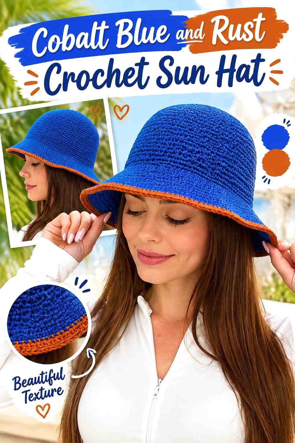 9. Cobalt Blue And Rust Crochet Sun Hat