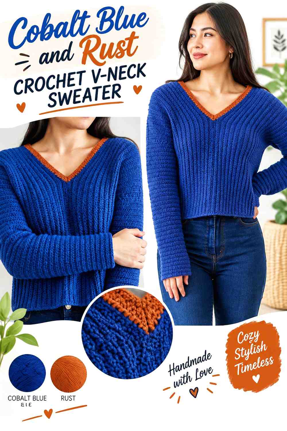 7. Cobalt Blue And Rust Crochet V Neck Sweater