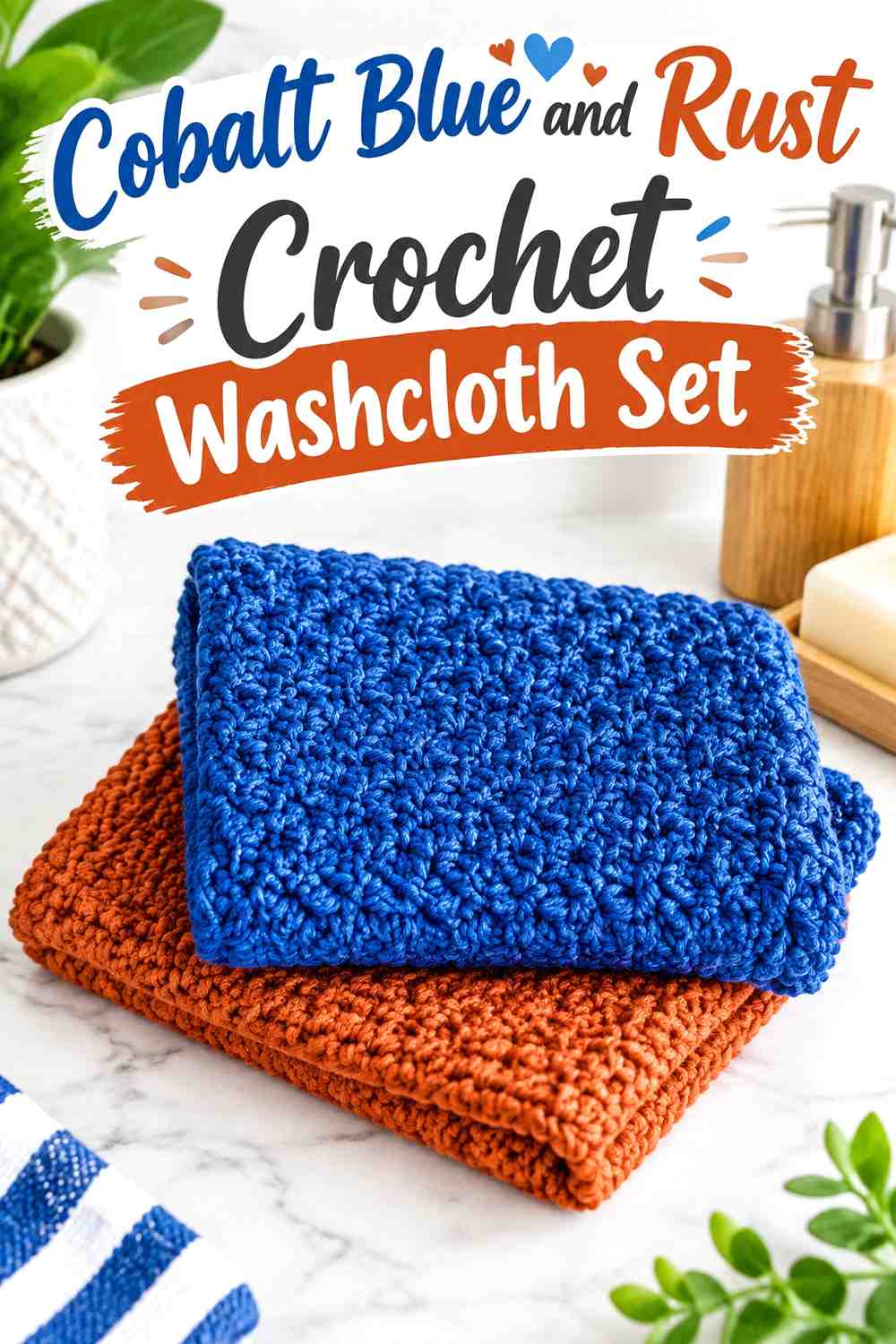15. Cobalt Blue And Rust Crochet Washcloth Set