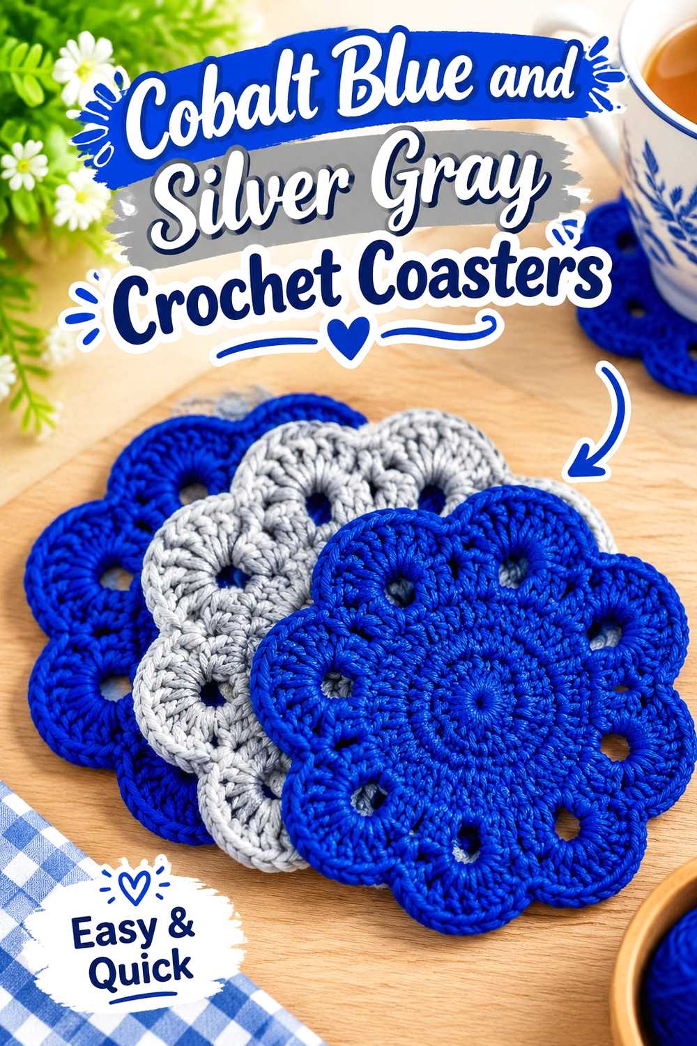13. Cobalt Blue And Silver Gray Crochet Coasters