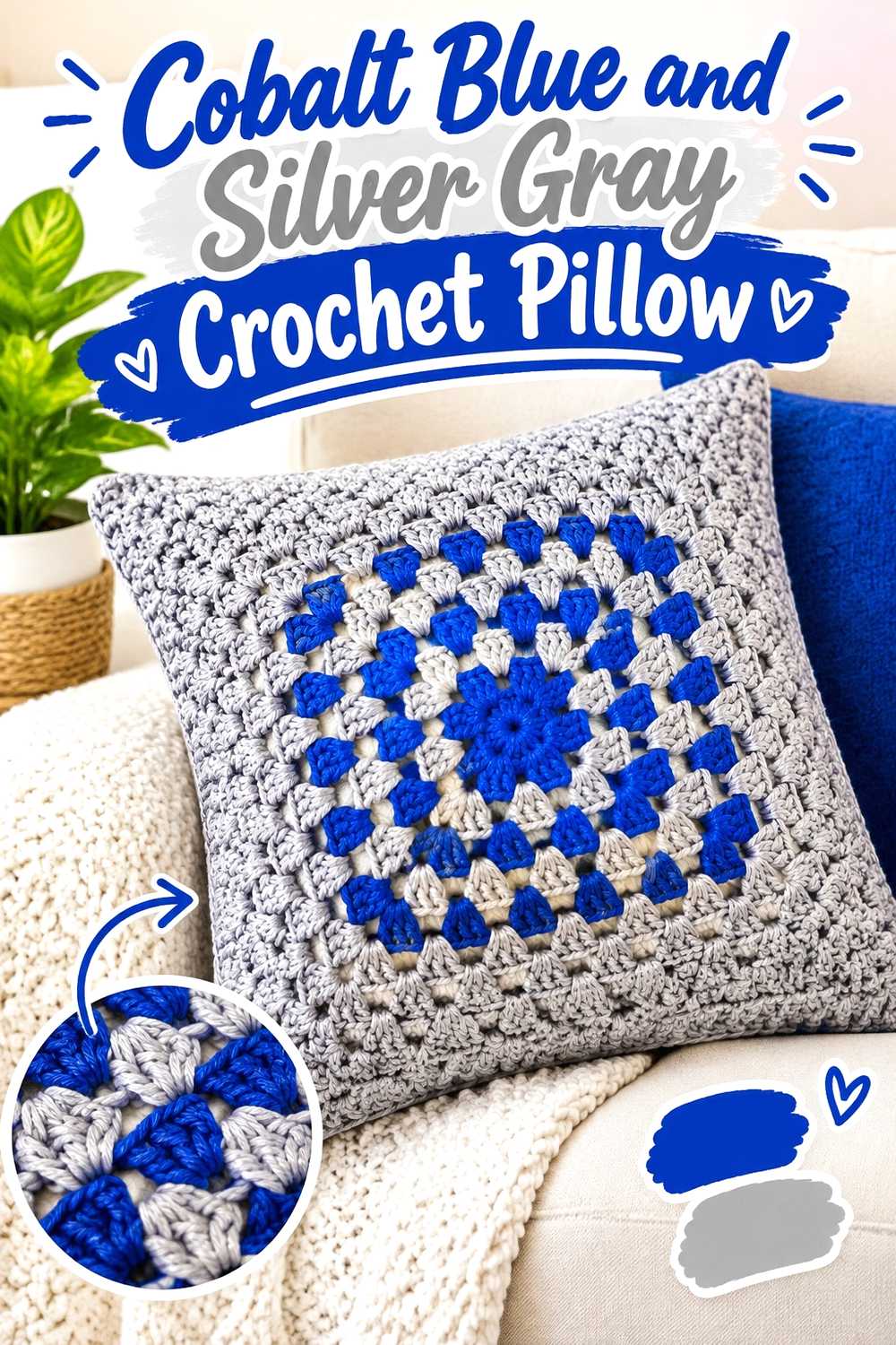 1. Cobalt Blue And Silver Gray Crochet Pillow