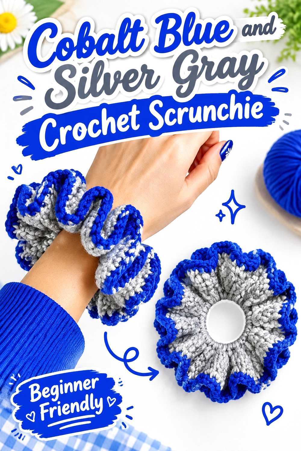 18. Cobalt Blue And Silver Gray Crochet Scrunchie