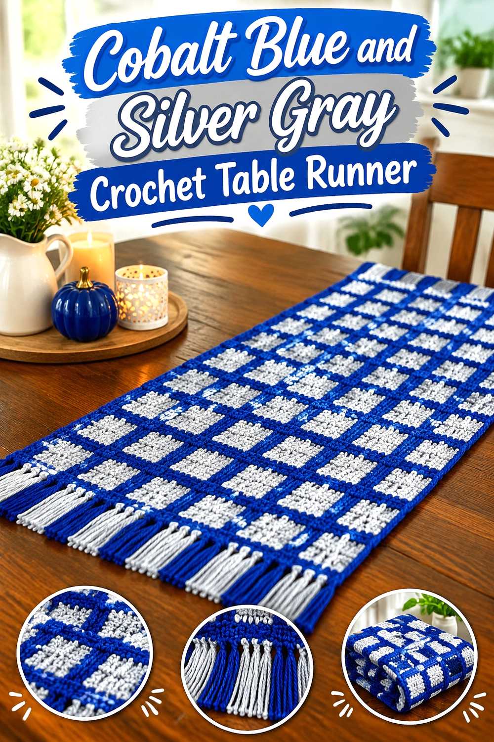 15. Cobalt Blue And Silver Gray Crochet Table Runner