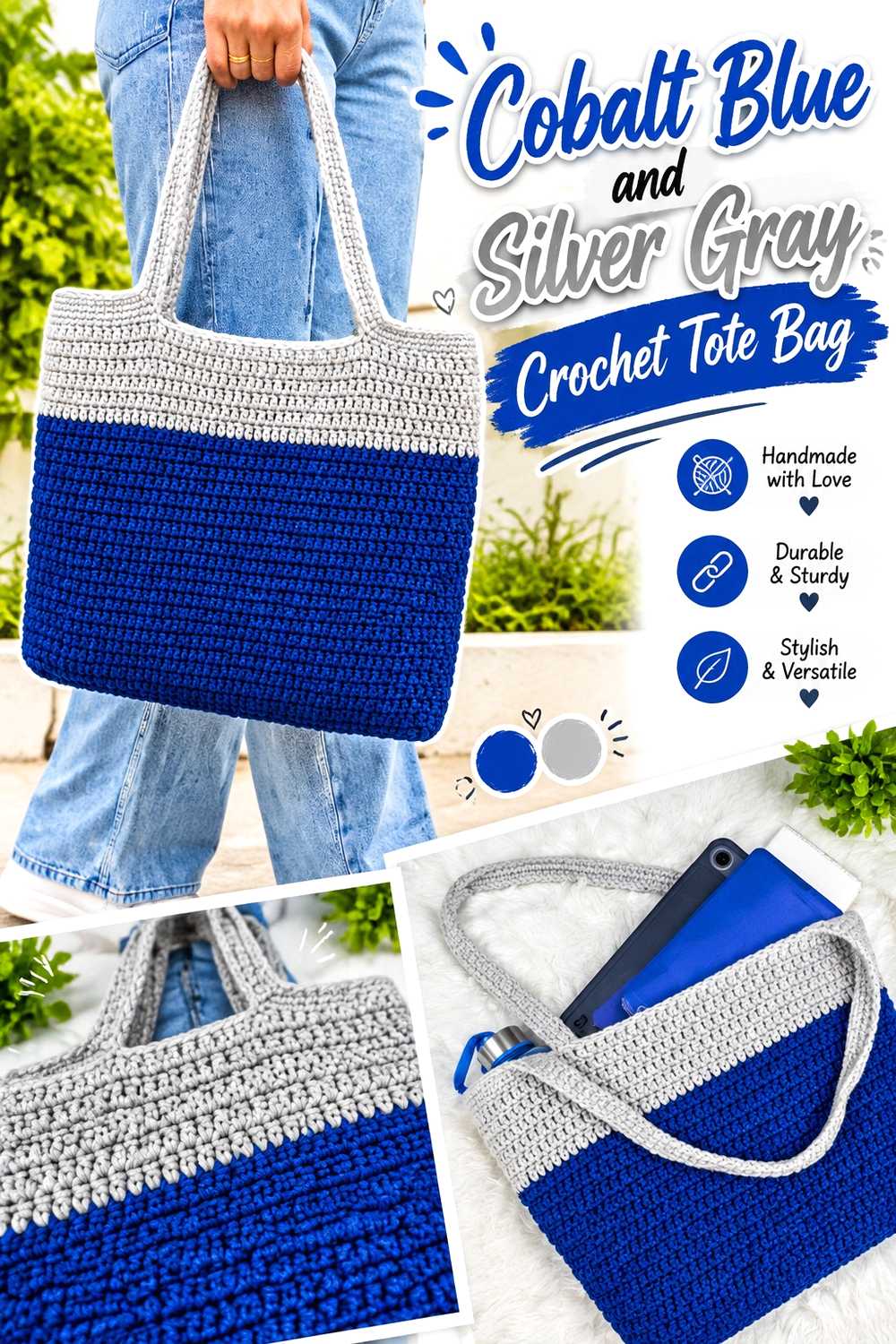 3. Cobalt Blue And Silver Gray Crochet Tote Bag