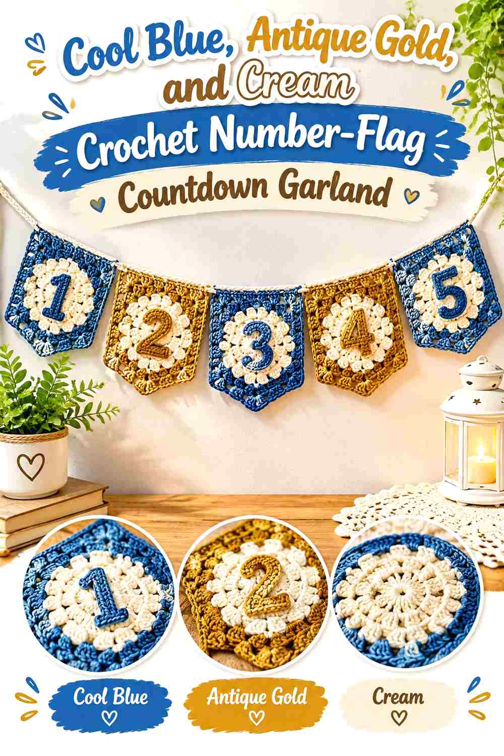 5. Cool Blue Antique Gold And Cream Crochet Number Flag Countdown Garland