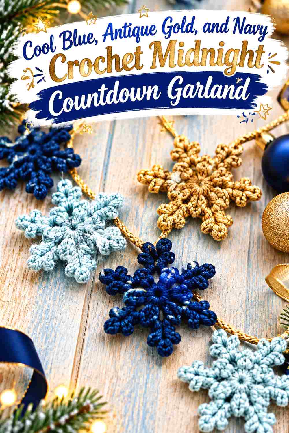 3. Cool Blue Antique Gold And Navy Crochet Midnight Countdown Garland