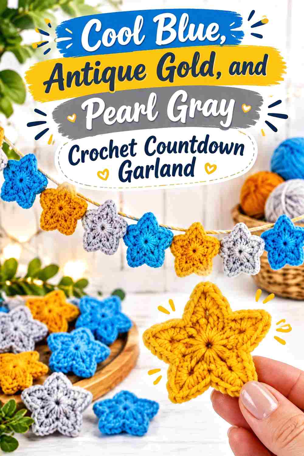 11. Cool Blue Antique Gold And Pearl Gray Crochet Countdown Garland