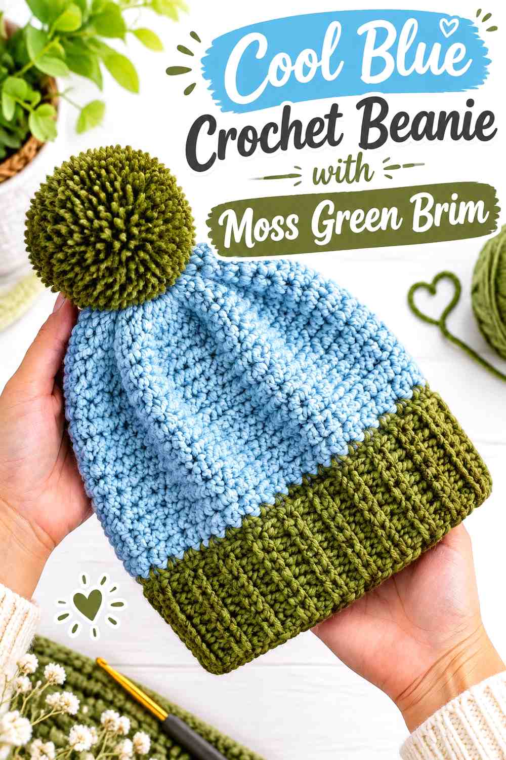 6. Cool Blue Crochet Beanie With Moss Green Brim
