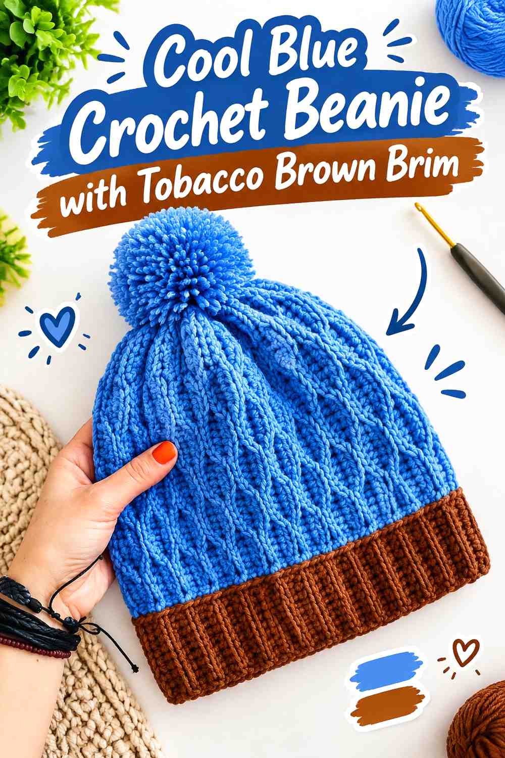 6. Cool Blue Crochet Beanie With Tobacco Brown Brim