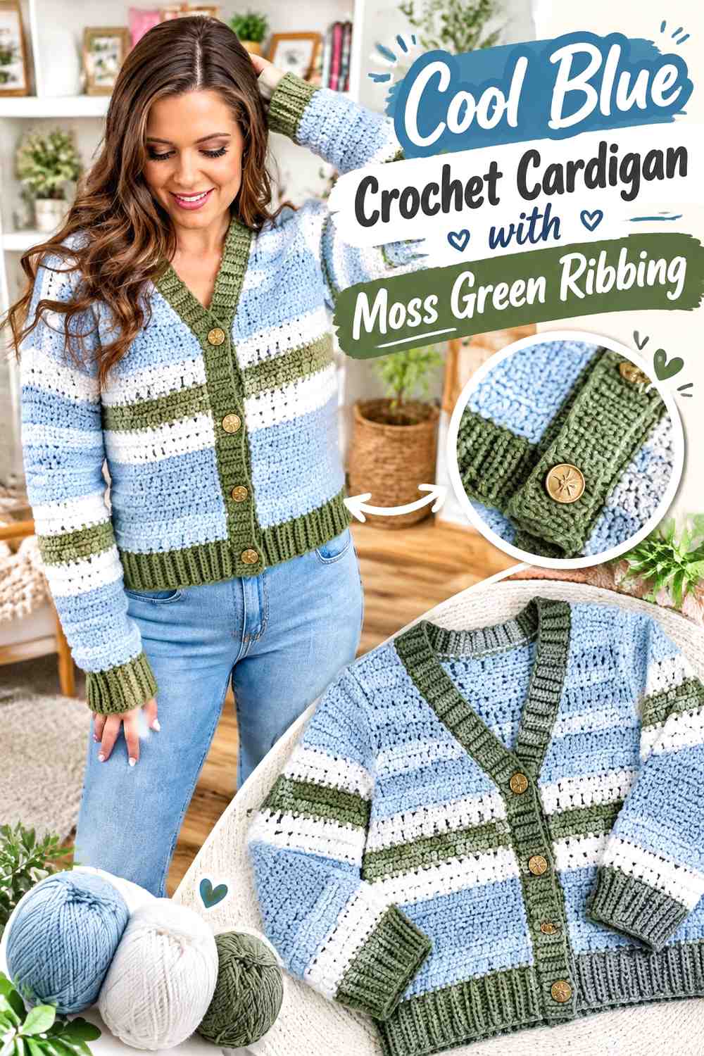 2. Cool Blue Crochet Cardigan With Moss Green Ribbing