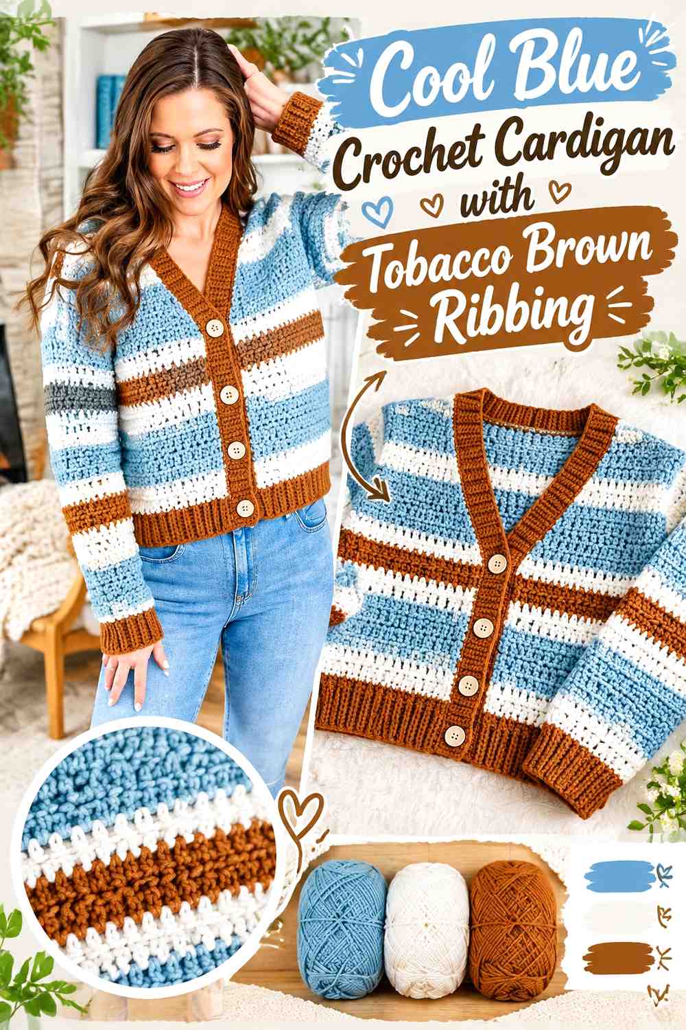 2. Cool Blue Crochet Cardigan With Tobacco Brown Ribbing