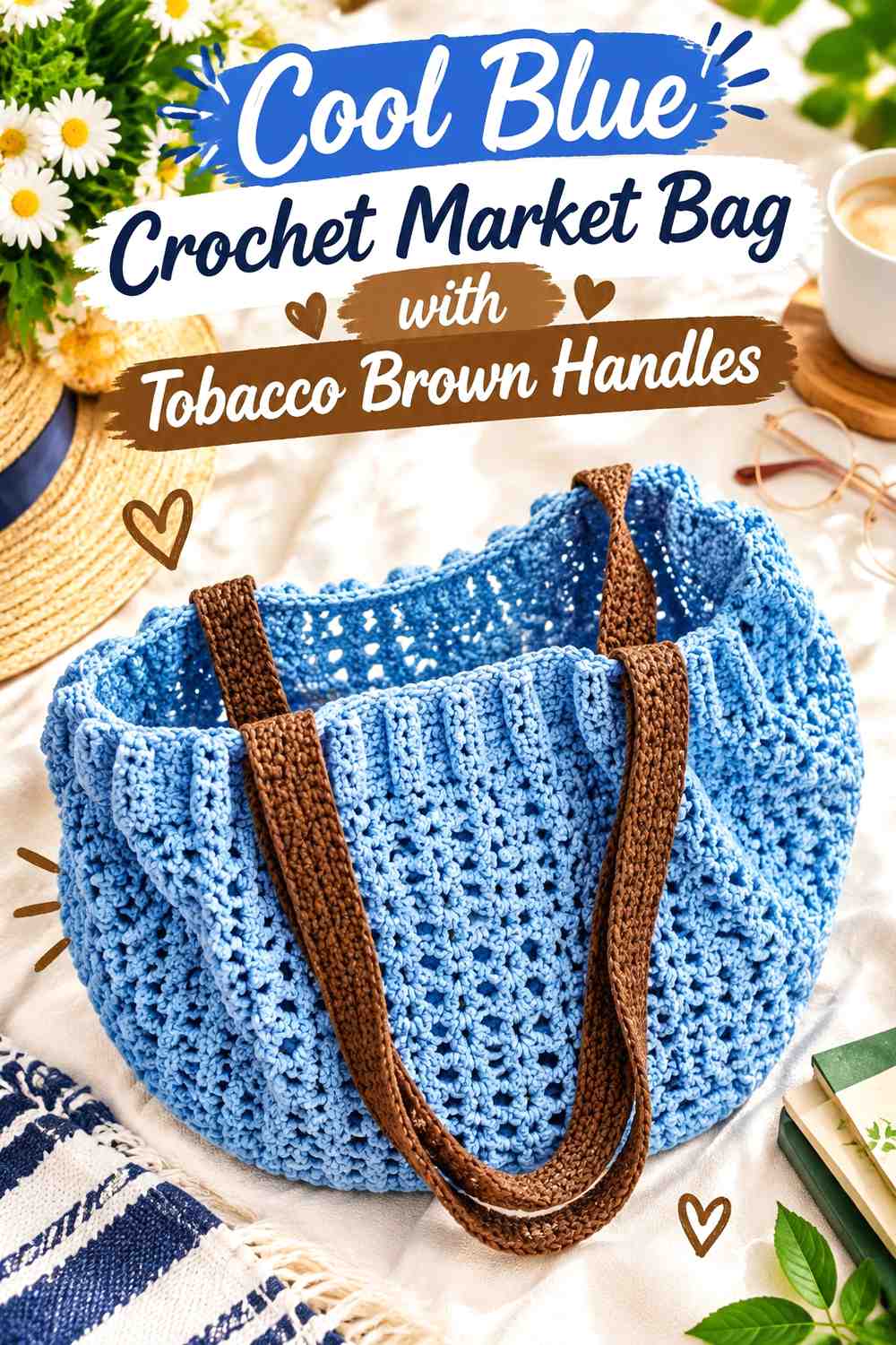 12. Cool Blue Crochet Market Bag With Tobacco Brown Handles