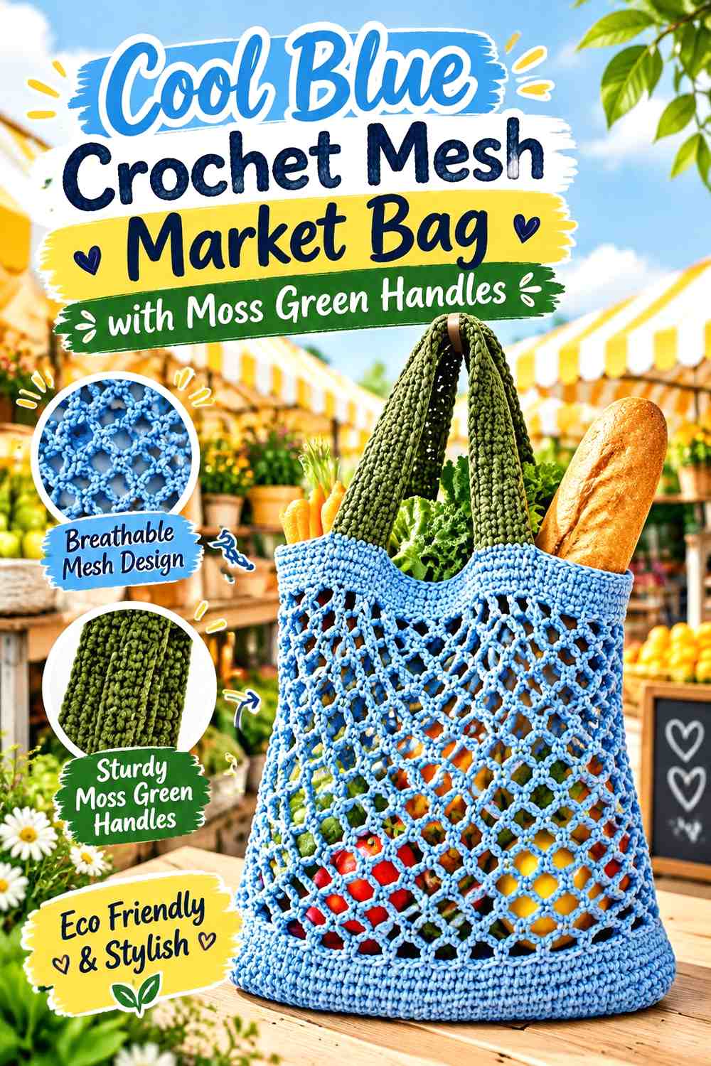 16. Cool Blue Crochet Mesh Market Bag With Moss Green Handles