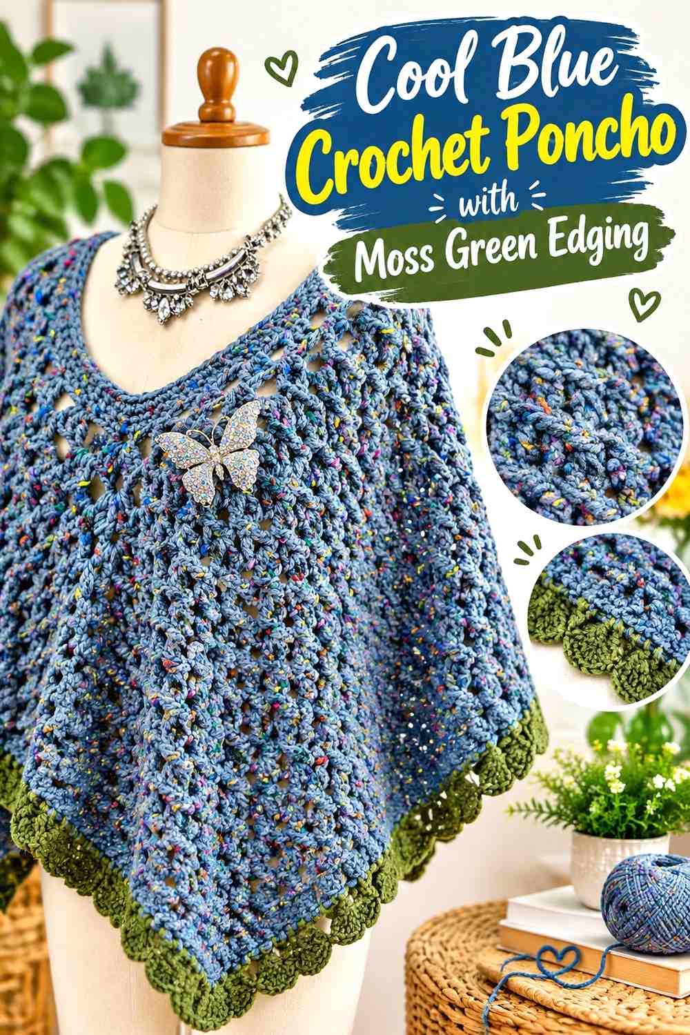 14. Cool Blue Crochet Poncho With Moss Green Edging