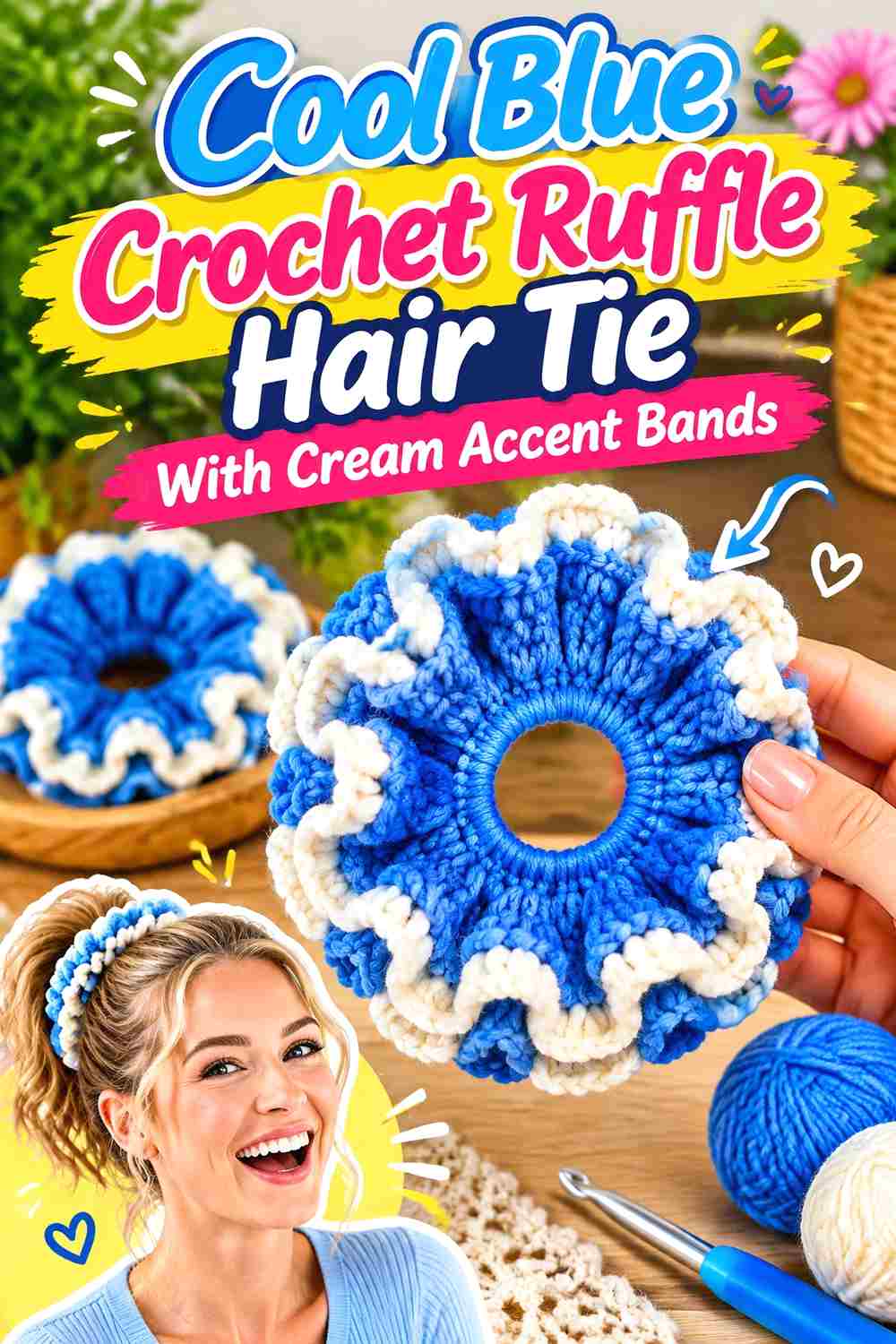 9. Cool Blue Crochet Ruffle Hair Tie With Cream Accent Bands